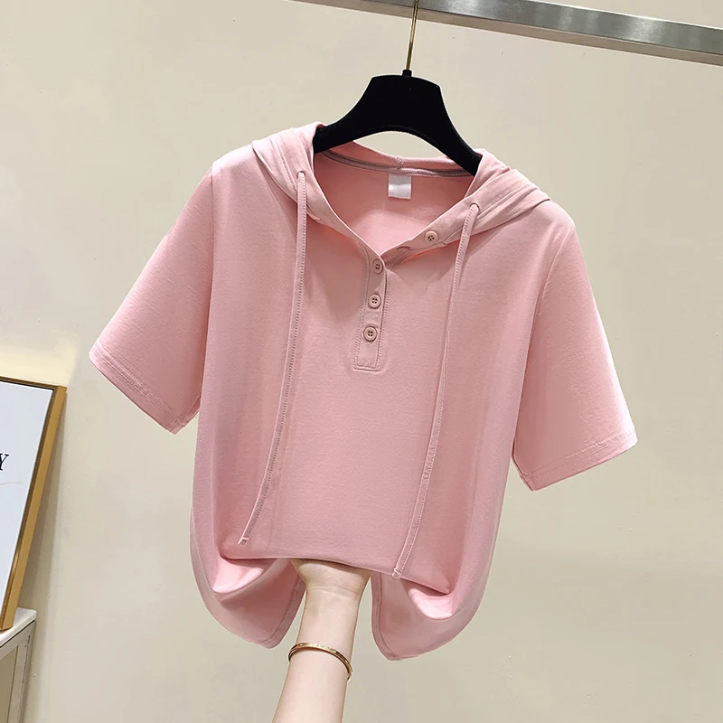 连帽时尚短袖t恤2025新款爆款遮肉显瘦洋气百搭上衣短款欧货女装