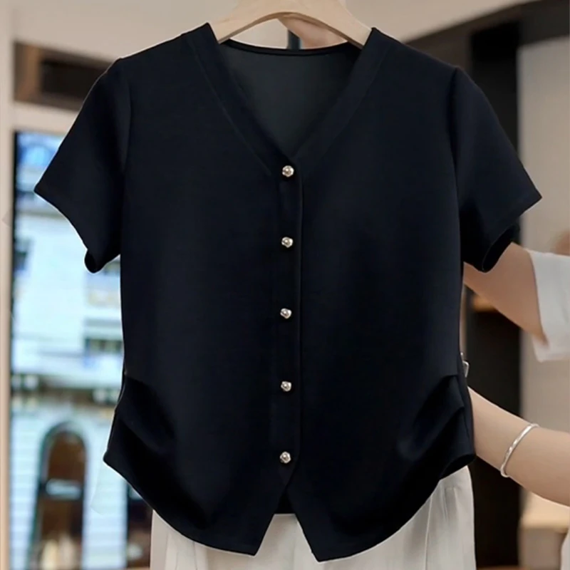 女士时尚夏装v领短袖t恤2025新款流行短款欧货个性上衣设计感小众