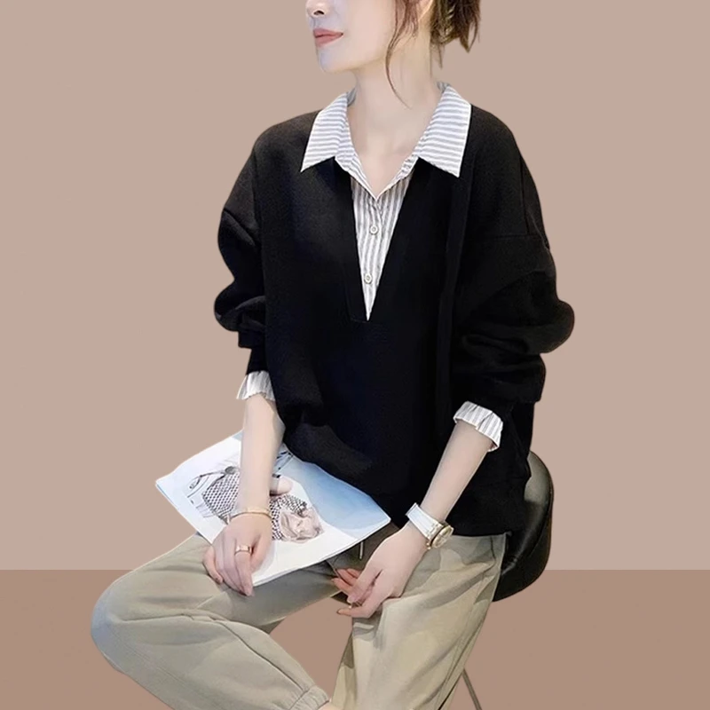 黑色假两件上衣女爆款2026春秋季新款高级感百搭气质衬衫时髦外穿
