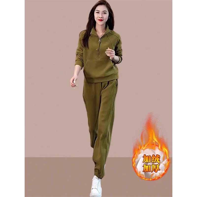 休闲运动服套装女秋冬季2025新款加绒加厚大码卫衣卫裤时尚两件套