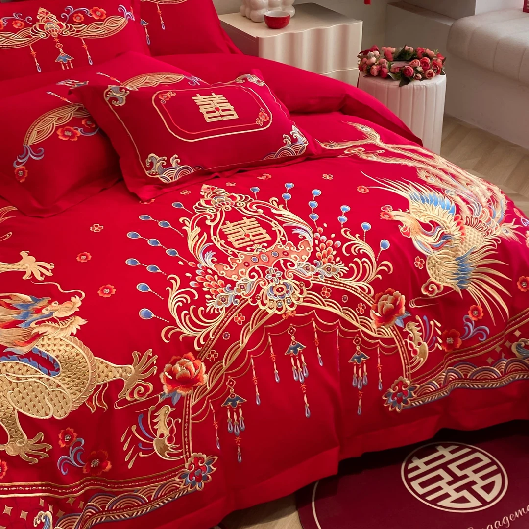 新婚房四件套结婚被套喜被婚被婚庆用品喜庆大红绣花婚房床品被罩