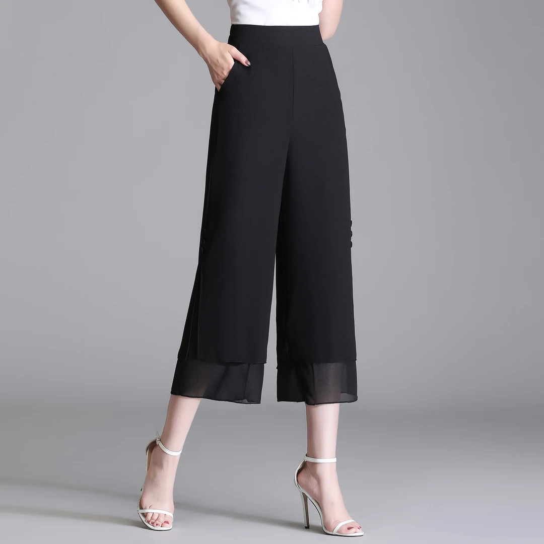 雪纺直筒阔腿裤女八分裤薄款2025夏季高腰垂感开叉飘逸宽松休闲裤