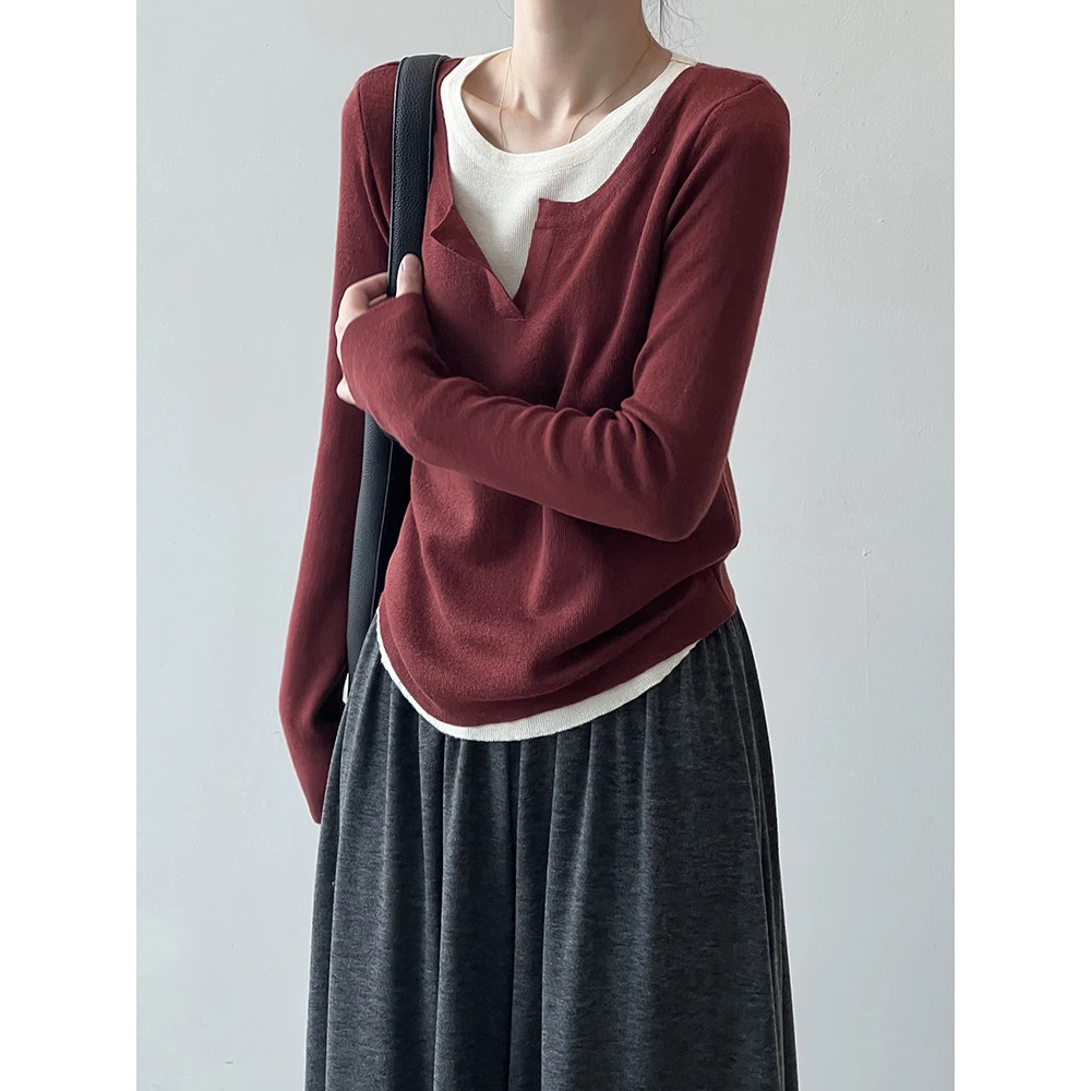 言双 撞色假两件打底衫女2024秋季长袖T恤针织衫内搭上衣G9662
