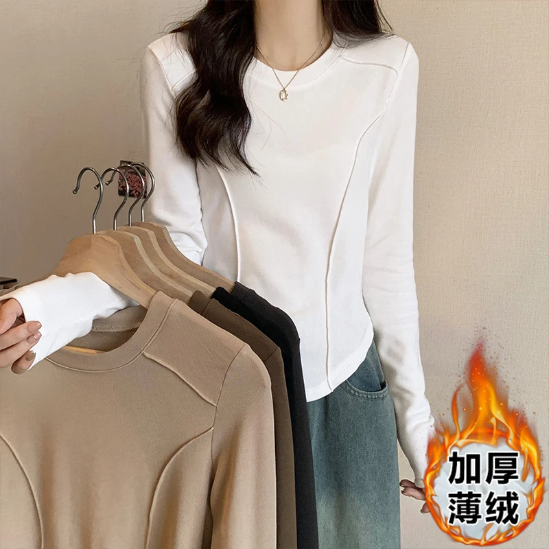 火节针织正肩长袖打底衫女2024秋季新修身辣妹套上衣圆领外穿t恤