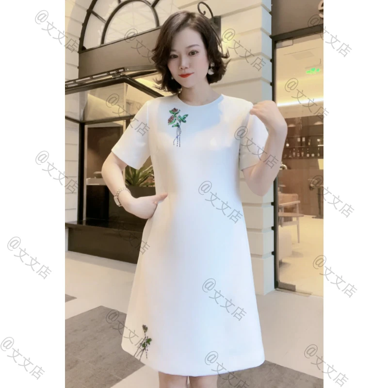 夏季圆领重工钉珠优雅气质显瘦女装连衣裙24202
