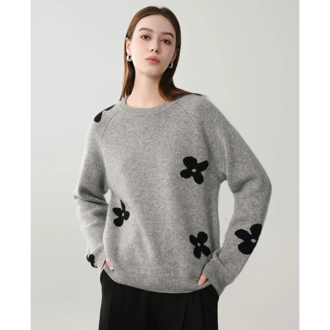 King Deer/鹿王秋冬百搭时尚休闲针织宽松圆领羊绒衫L80972