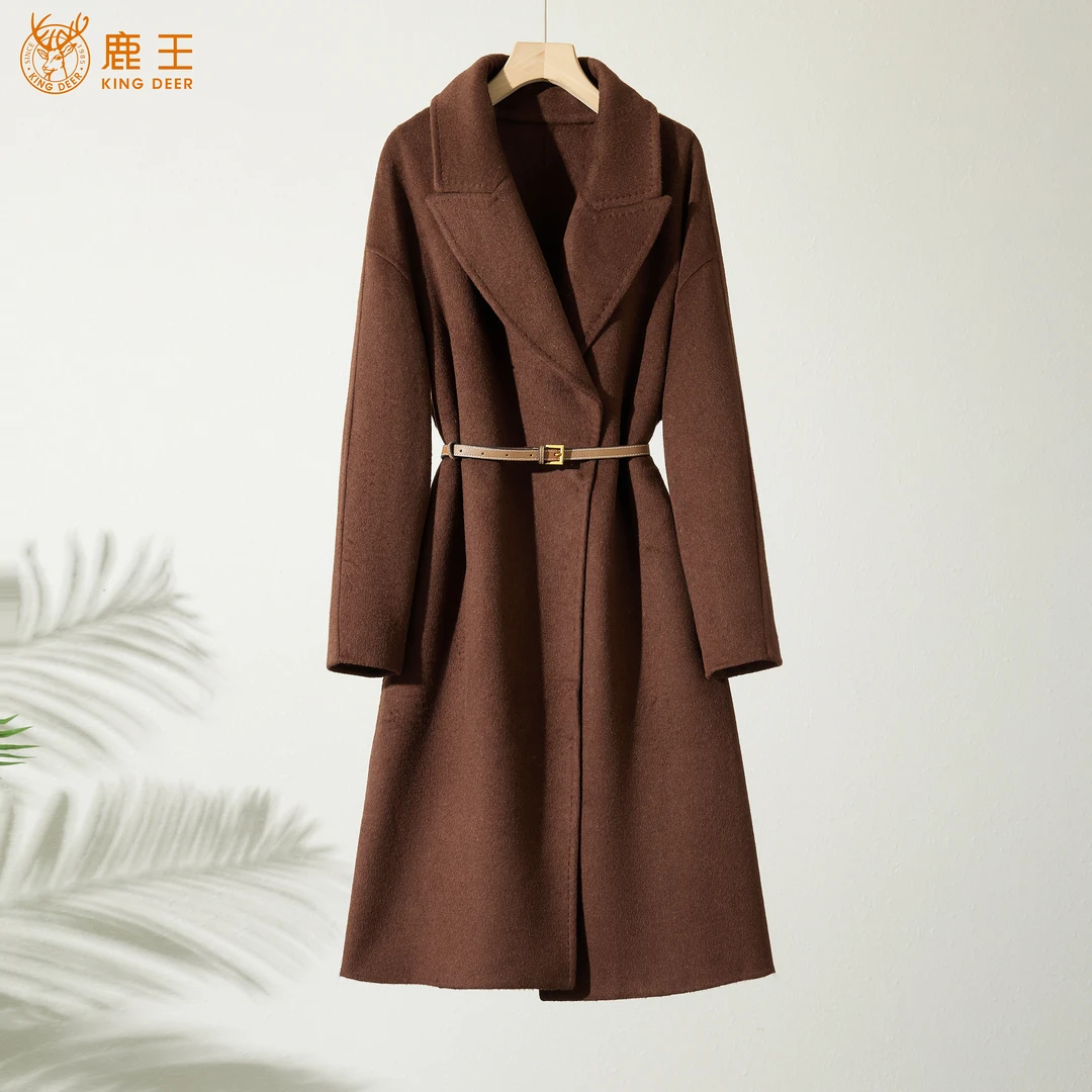 鹿王2024新款女式长款毛呢大衣纯色翻领外套L804244