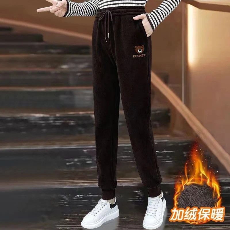 冬款高腰加绒加厚休闲裤子哈伦裤女宽松小熊刺绣束脚裤