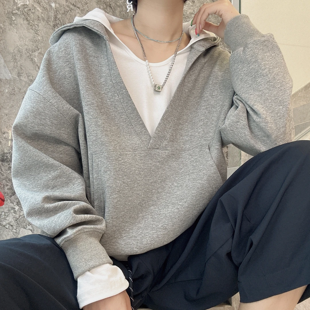 2024秋新款开学季 美式连帽卫衣早秋深蓝色大V领宽松显瘦卫衣女