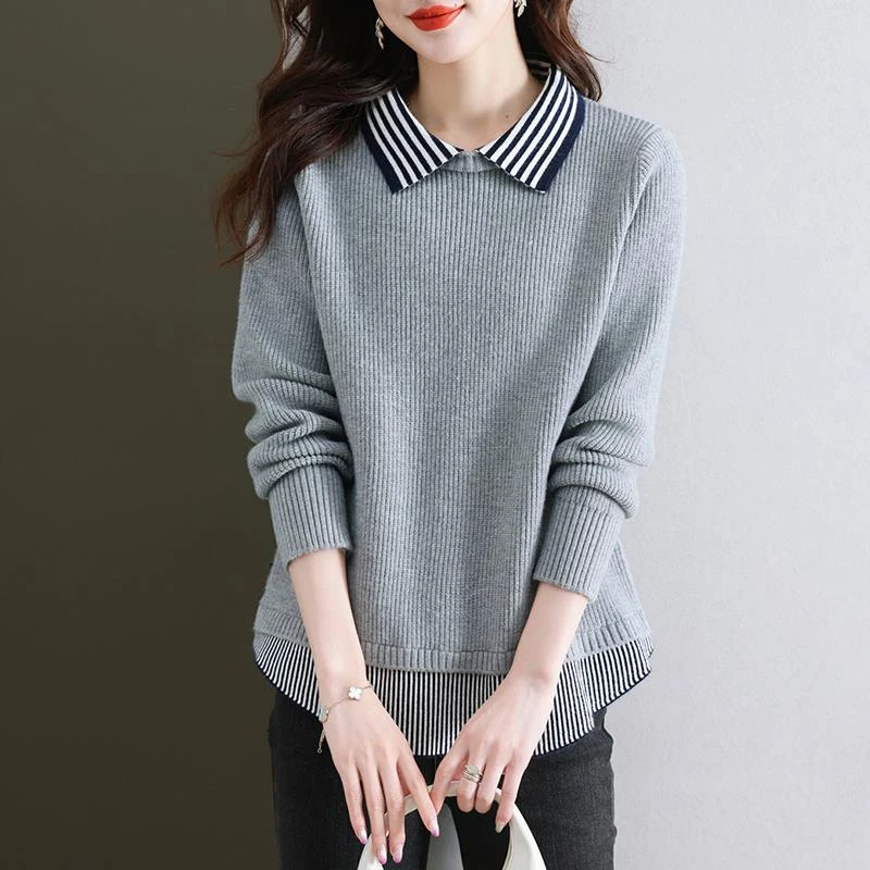 假两件针织毛衣女秋冬2024新款洋气宽松遮肚子上衣妈妈打底衫内搭