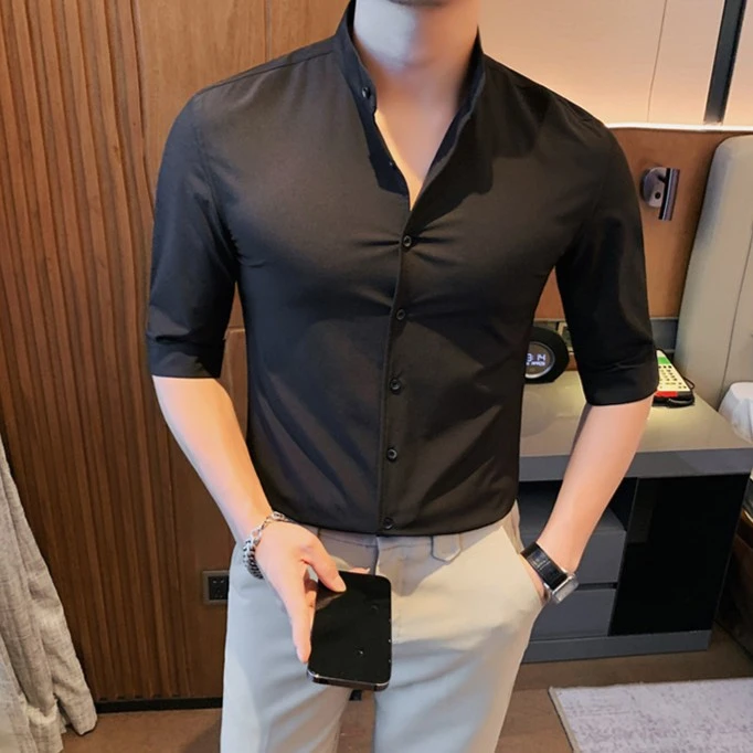 中袖衬衫男士2025夏季新款爆款休闲帅气纯色修身衬衣半袖痞帅薄款