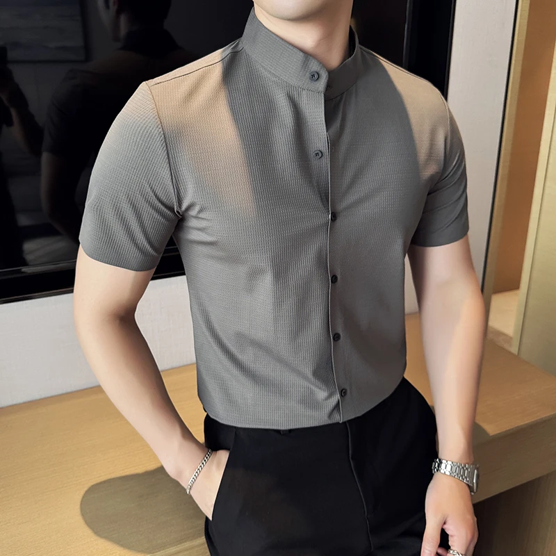 新中式衬衫男士夏季薄款弹力冰丝无痕华夫格立领衬衫男短袖中山领