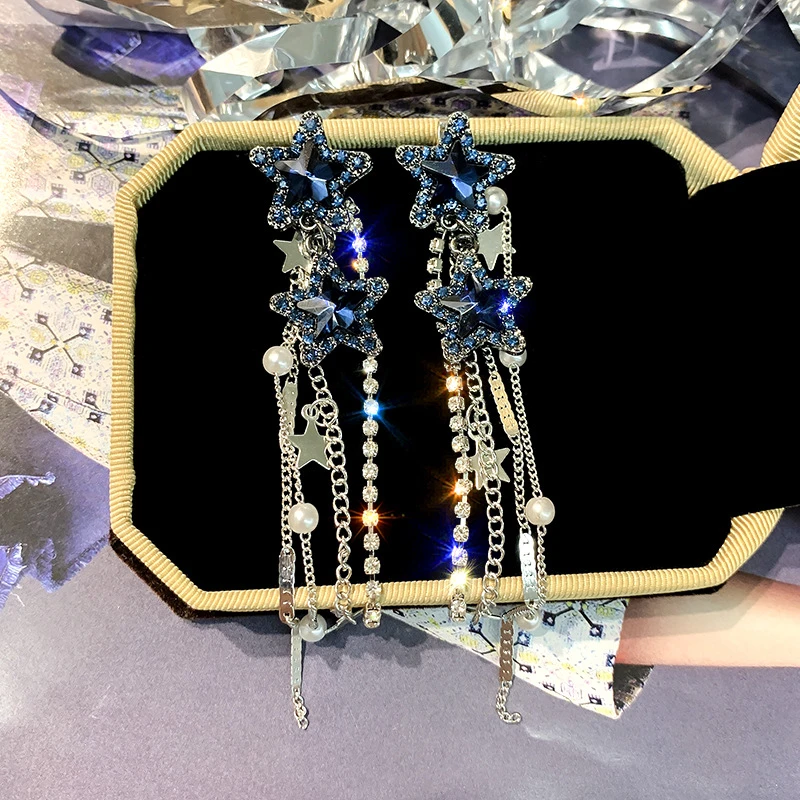 铜合金合成锆石耳饰 夸张长款流苏耳环时尚气质五角星双戴耳饰