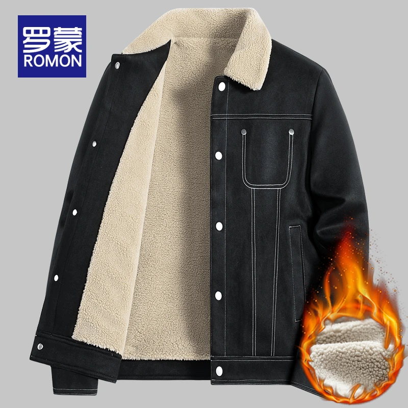 罗蒙男士加绒加厚外套冬季休闲上衣男款潮牌秋冬款休闲翻领夹克男