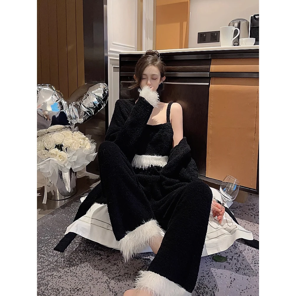 三件套半边绒睡衣女性感阔腿秋冬季珊瑚绒长袖家居服套装加厚保暖