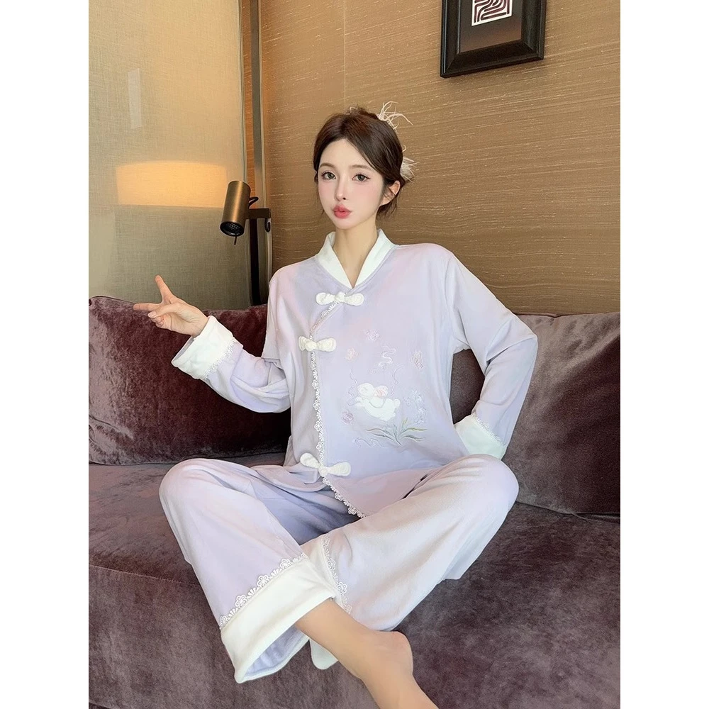 睡衣2024新款女秋冬季保暖海岛绒薄绒长袖小兔子国风可外穿家居服