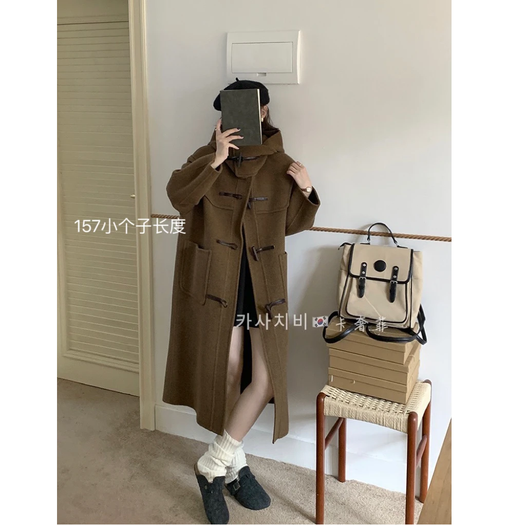 WT68依美丁时尚韩系气质木棍扣连帽双面羊毛大衣
