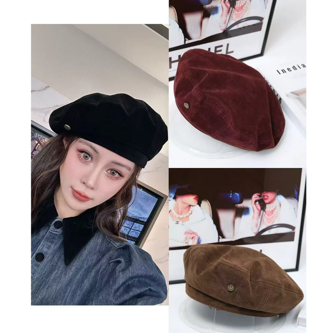 MZ22依美丁时尚复古金标气质丝绒贝雷帽