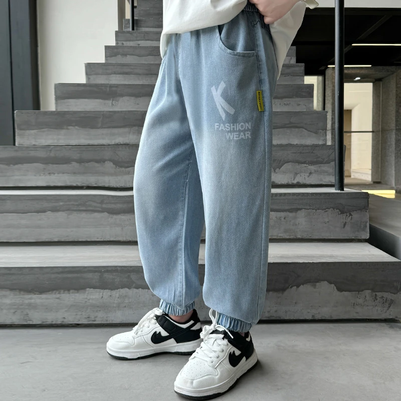 儿童牛仔裤夏季中大童防蚊裤薄款运动宽松天丝韩版男童帅气九分裤