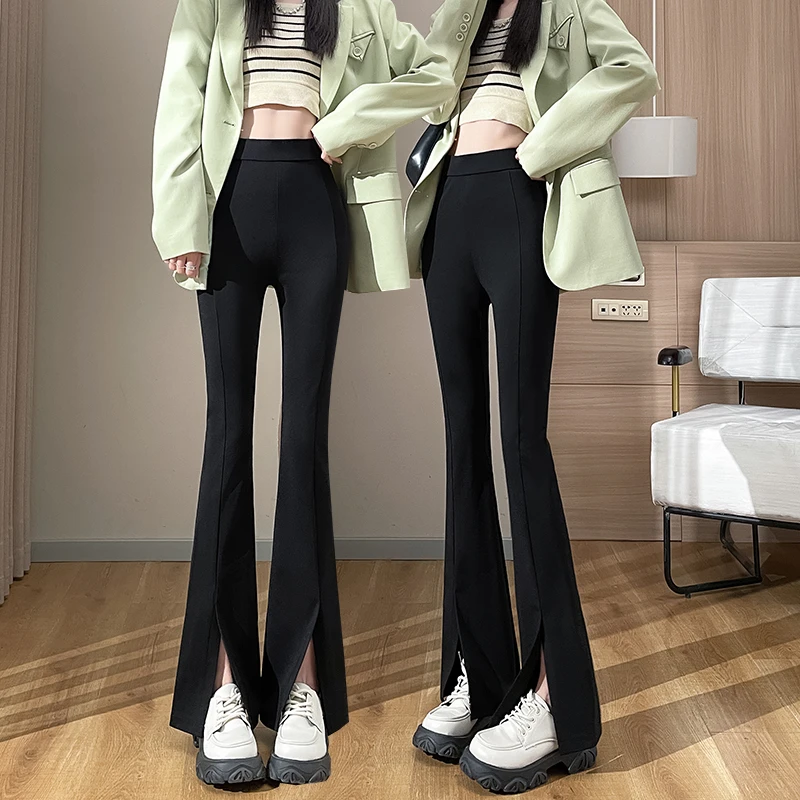实拍#侧开叉喇叭裤女春装小个子高腰显瘦拖地休闲黑色西装微喇…