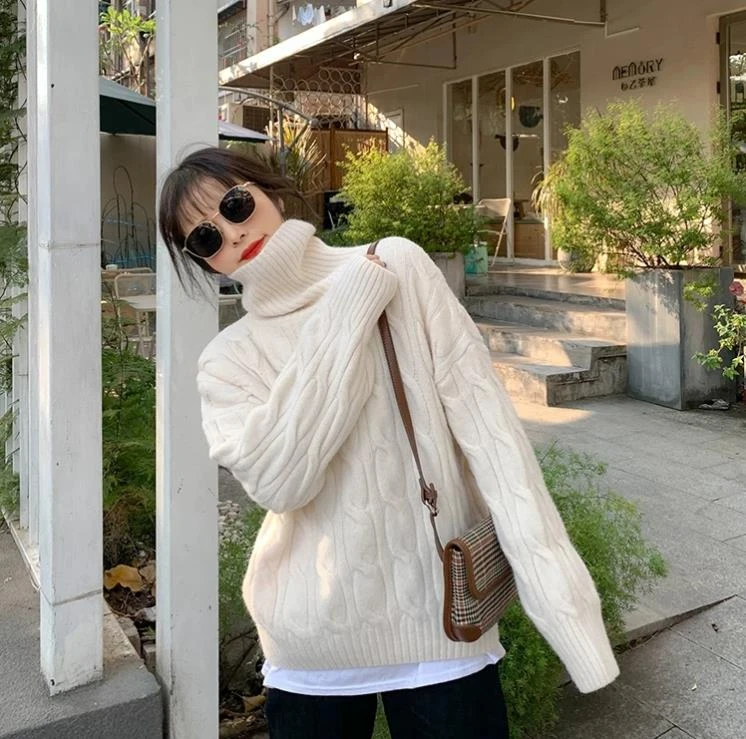 冬装新款大板型大码女装加厚高领麻花毛衣内搭复古慵懒风上衣