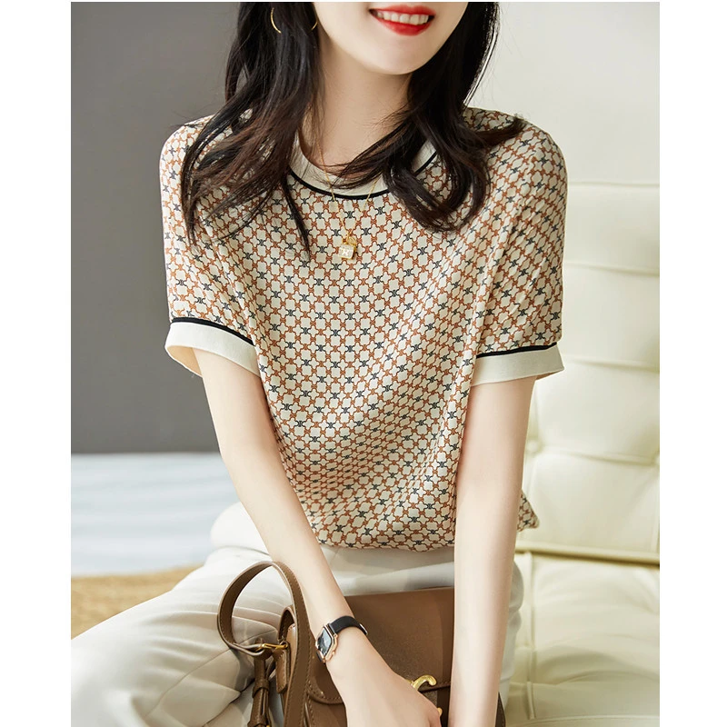 爆款现货 新款女装2024夏季休闲百搭桑蚕丝上衣真丝印花短袖