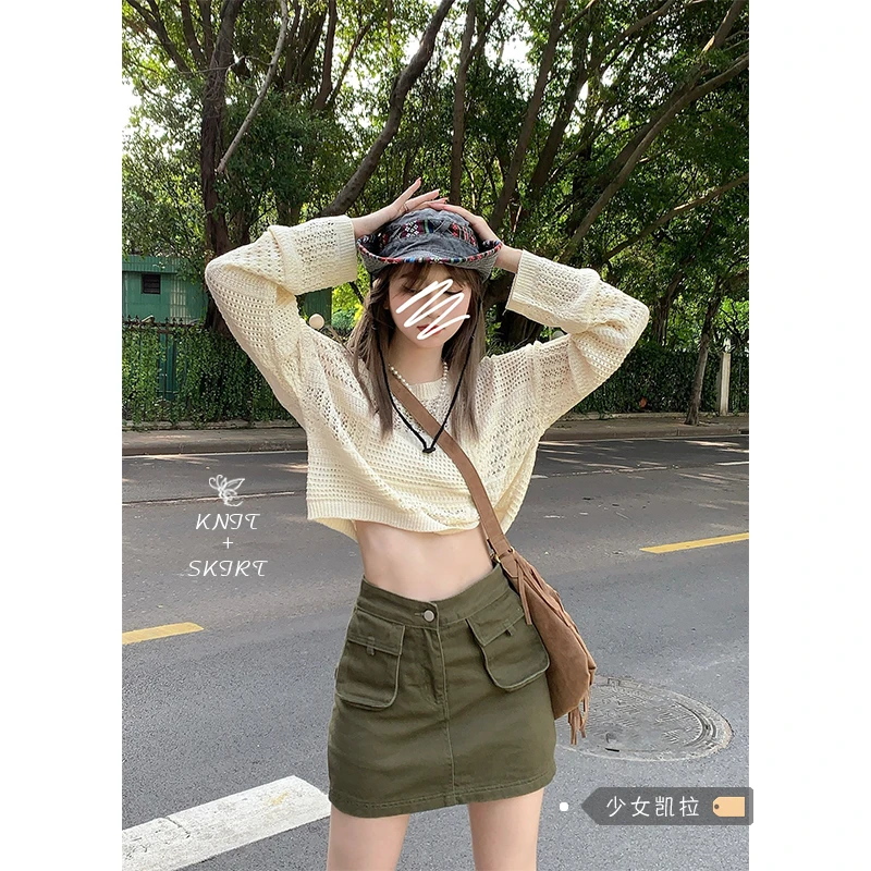 短款镂空防晒针织叠穿罩衫女夏季外搭夏天宽松设计感小众长袖上衣