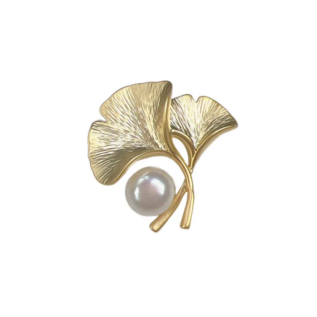 哑光银杏叶胸针小众设计感天然珍珠胸花高档旗袍磨砂叶子吊坠礼物
