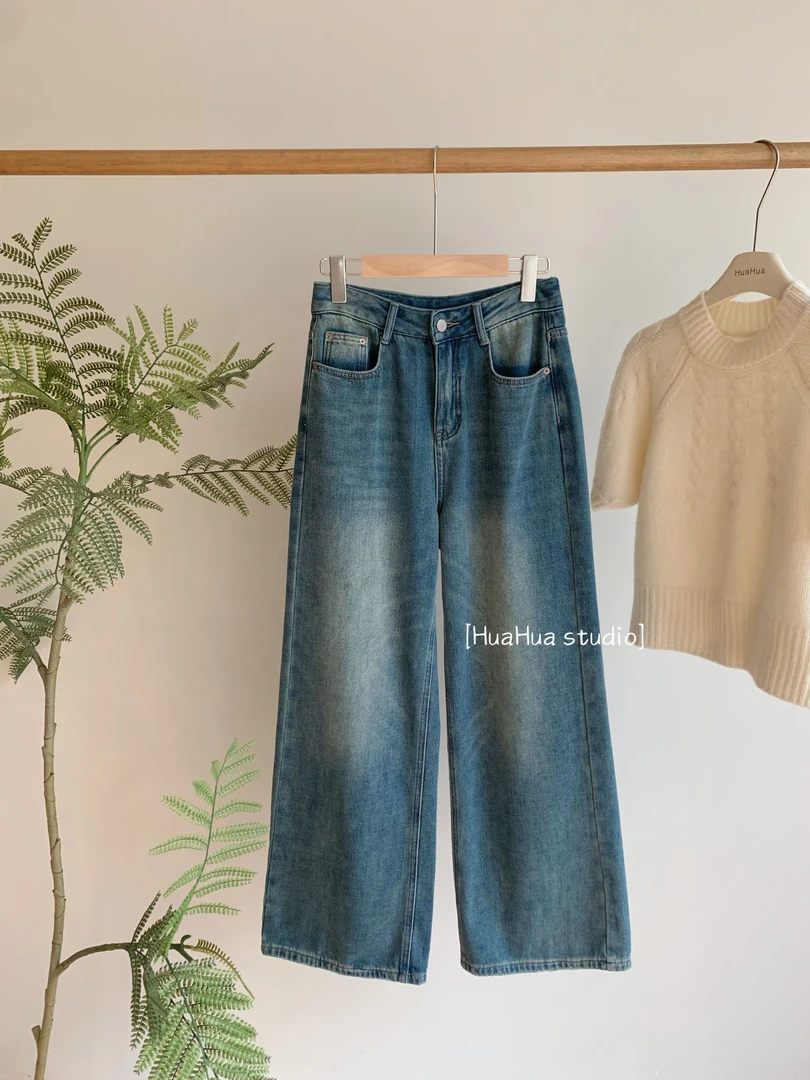 【花花】复古牛仔~贴标小男孩猫须纹水洗复古直筒阔腿水洗牛仔裤