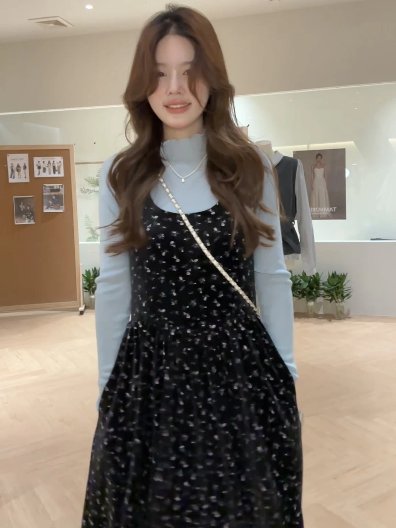 【花花】美神降临~韩系无袖U领吊带丝绒碎花高腰背心裙