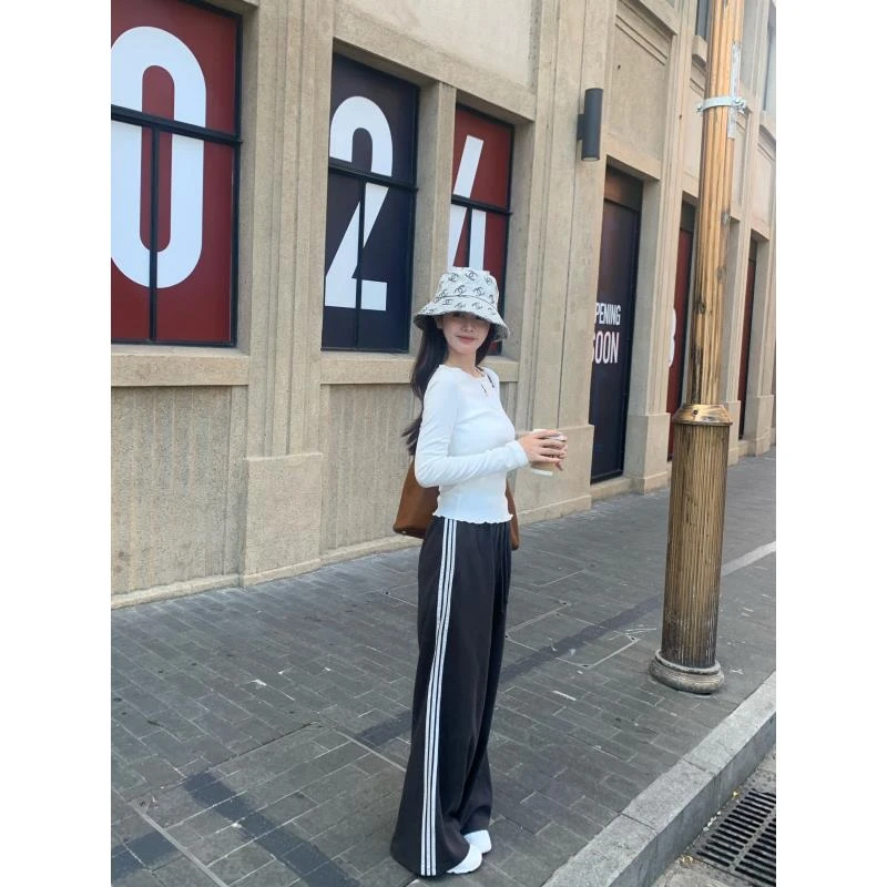 【花花】三杆卫裤~松紧高腰直筒阔腿休闲卫裤