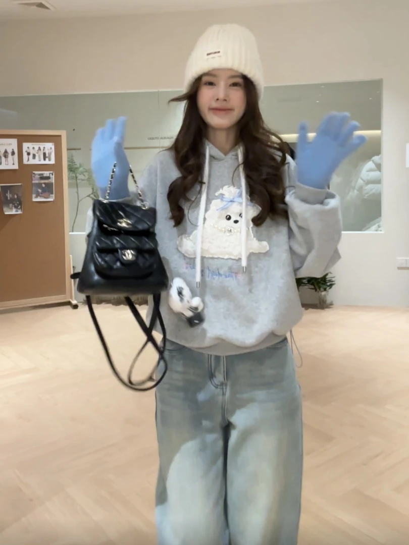 【花花】小狗环游记~慵懒风法式卷卷小狗抽绳宽松连帽套头植绒卫衣