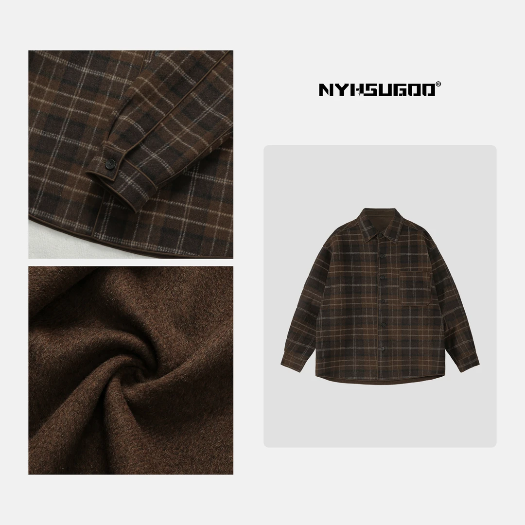NYHSUGOO/南乙F8022秋冬双面呢料绵羊毛衬衫男士复古格子外套