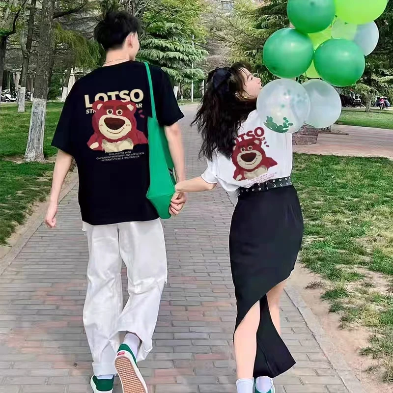 2023夏季新款纯棉短袖T恤男女情侣装半袖ins潮美式草莓熊体恤爆款