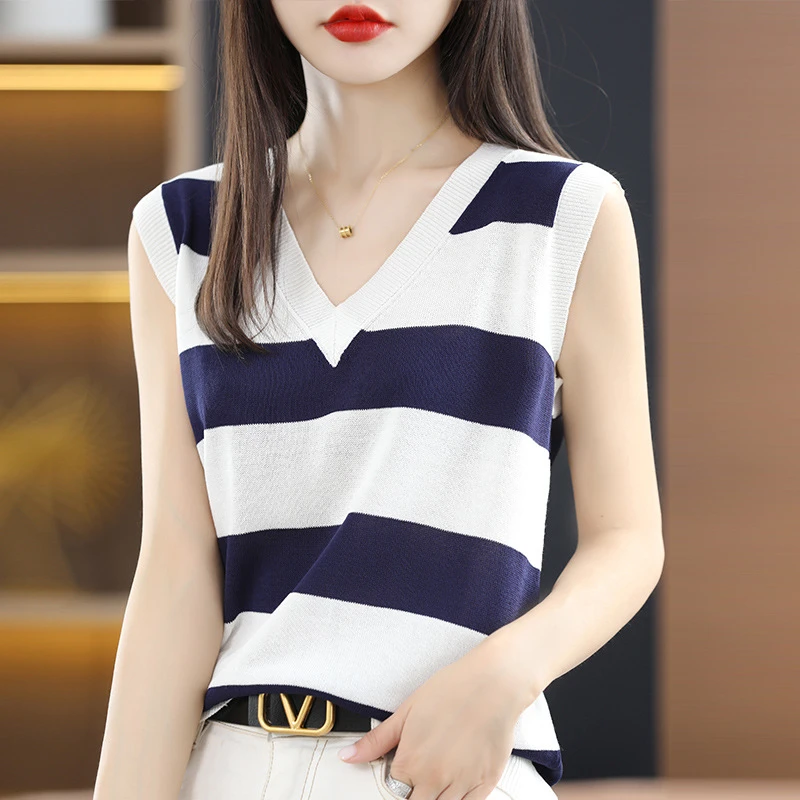 2023夏季设计感V领条纹无袖背心T恤上衣外穿宽松薄款亚麻背心女