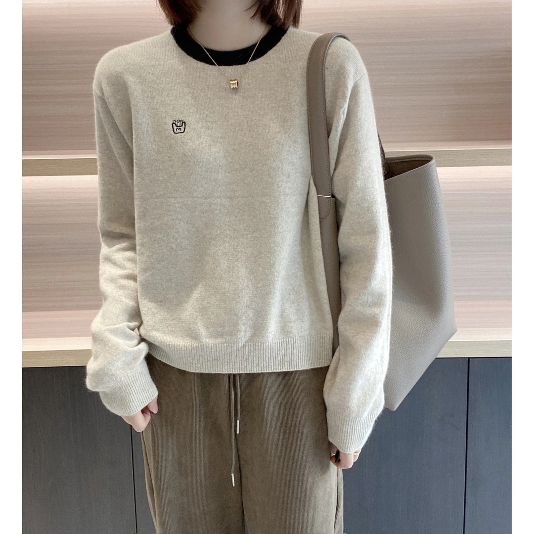 小薯条刺绣精纺羊毛女宽松圆领打底衫2023早春新款毛衣针织衫潮