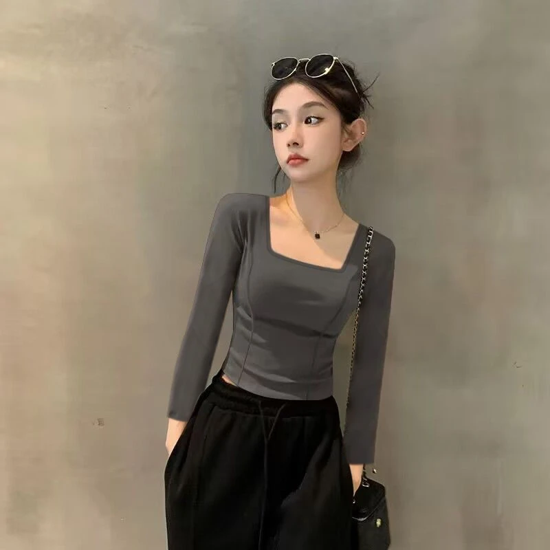 早秋新款方领时尚长袖T恤女紧身短款螺纹鱼骨正肩显瘦气质上衣潮