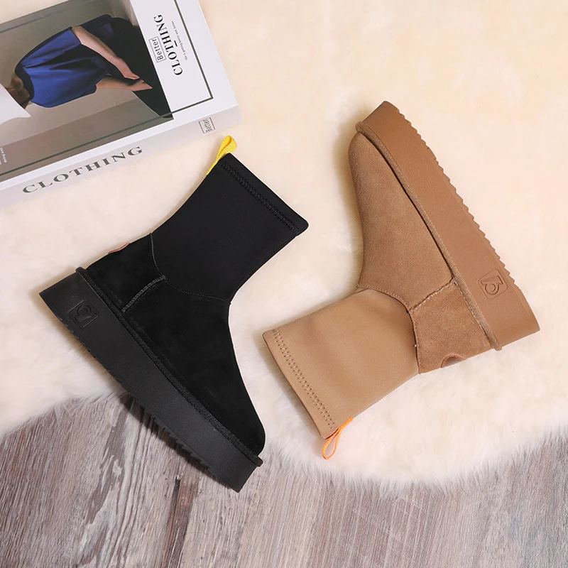 弹力莱卡雪地靴女2024年冬季新款厚底加绒加厚防滑平底松紧棉鞋