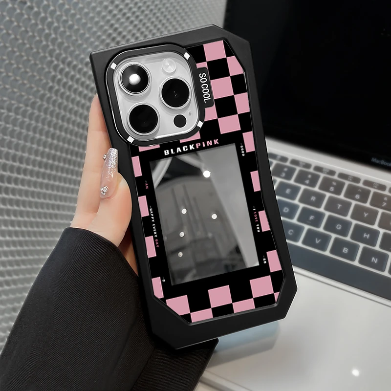 ins黑粉格子适用于苹果15promax手机壳不规则镜面壳iPhone14/13