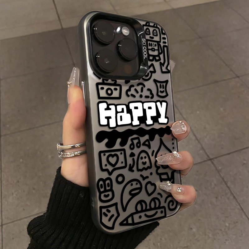 黑色涂鸦happy适用苹果15Promax手机壳新款iPhone13/12防摔11潮酷