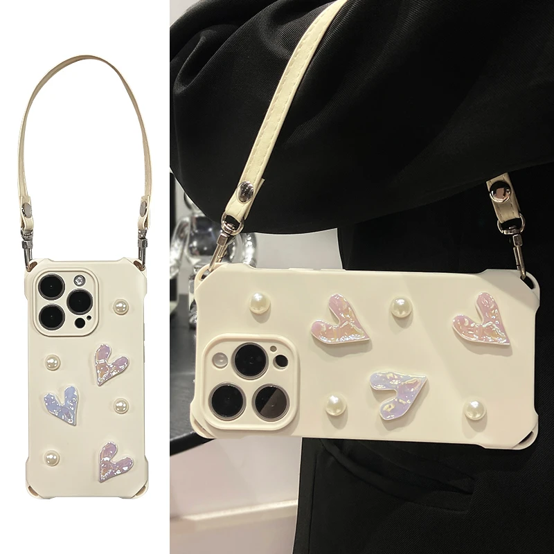 舜翔立体珍珠爱心适用苹果15promax手机壳四角挂绳iPhone12/13/14