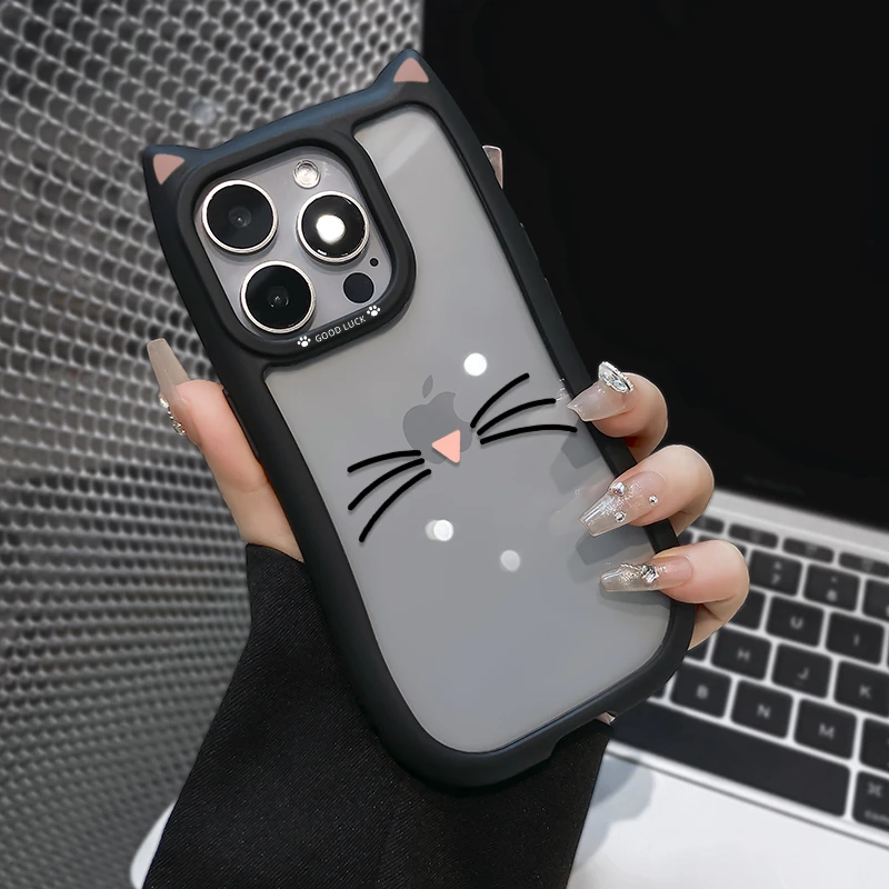 猫咪胡须适用苹果15promax手机壳猫耳朵边框透明壳iPhone14防摔