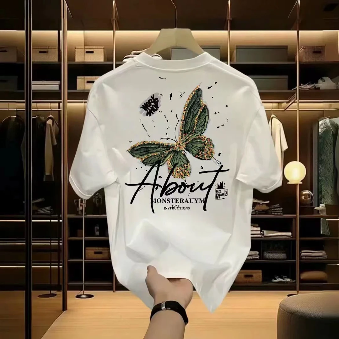 斑驳彩蝶液氨棉冰感短袖T恤男士新款百搭圆领个性印花夏季体恤男