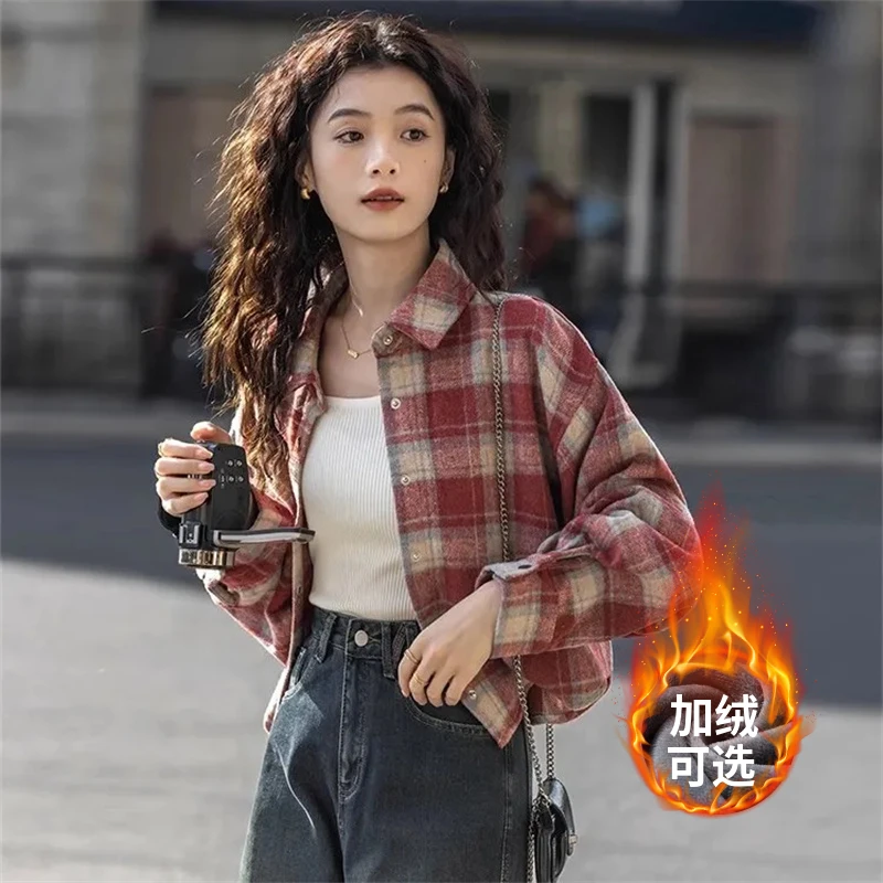 复古磨毛宽松格衬衣新款小个子短款宽松上衣长袖外套衬衫-2124
