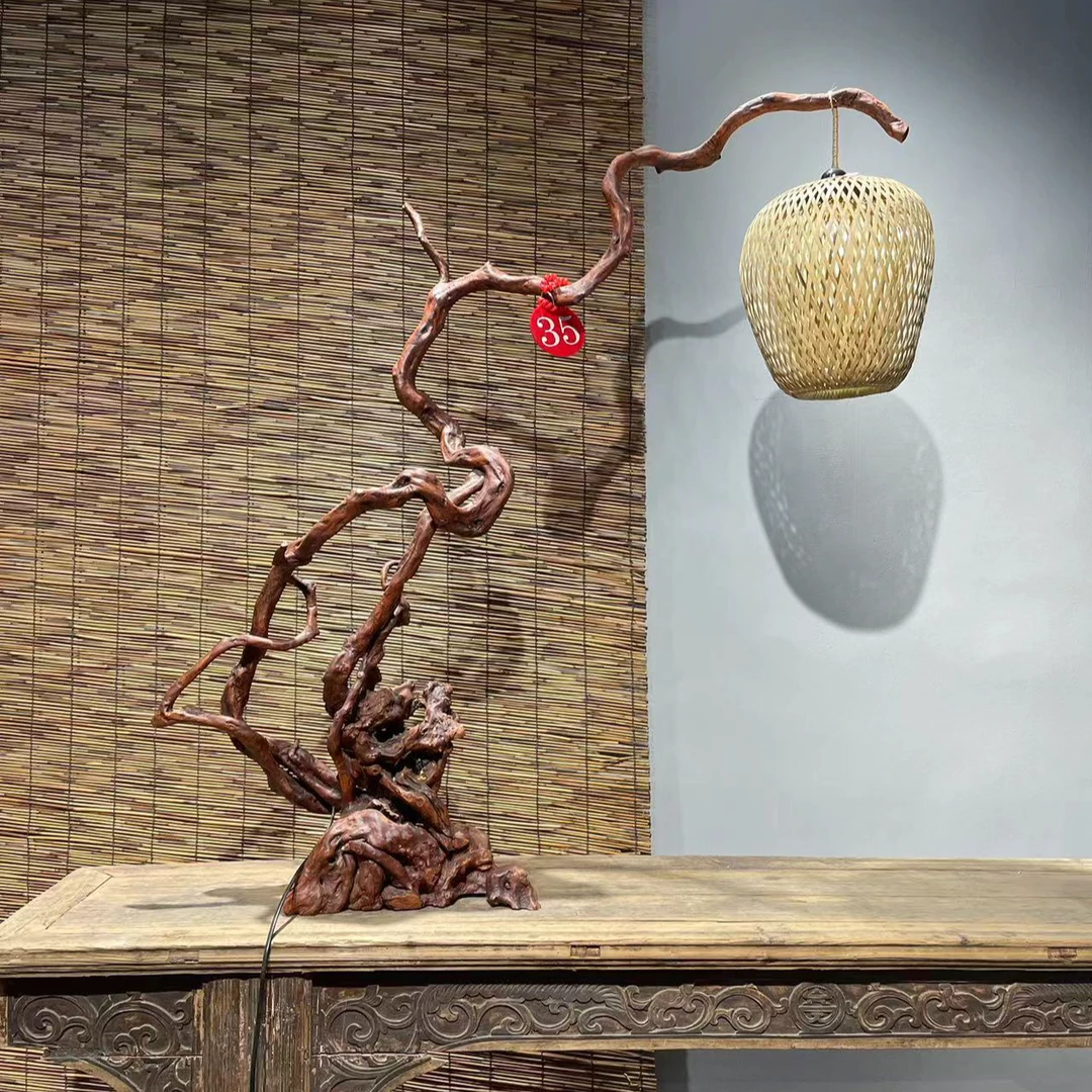 【天成阁】自然随型杜鹃根艺台灯 一体料  尺寸：长101*宽25*高106