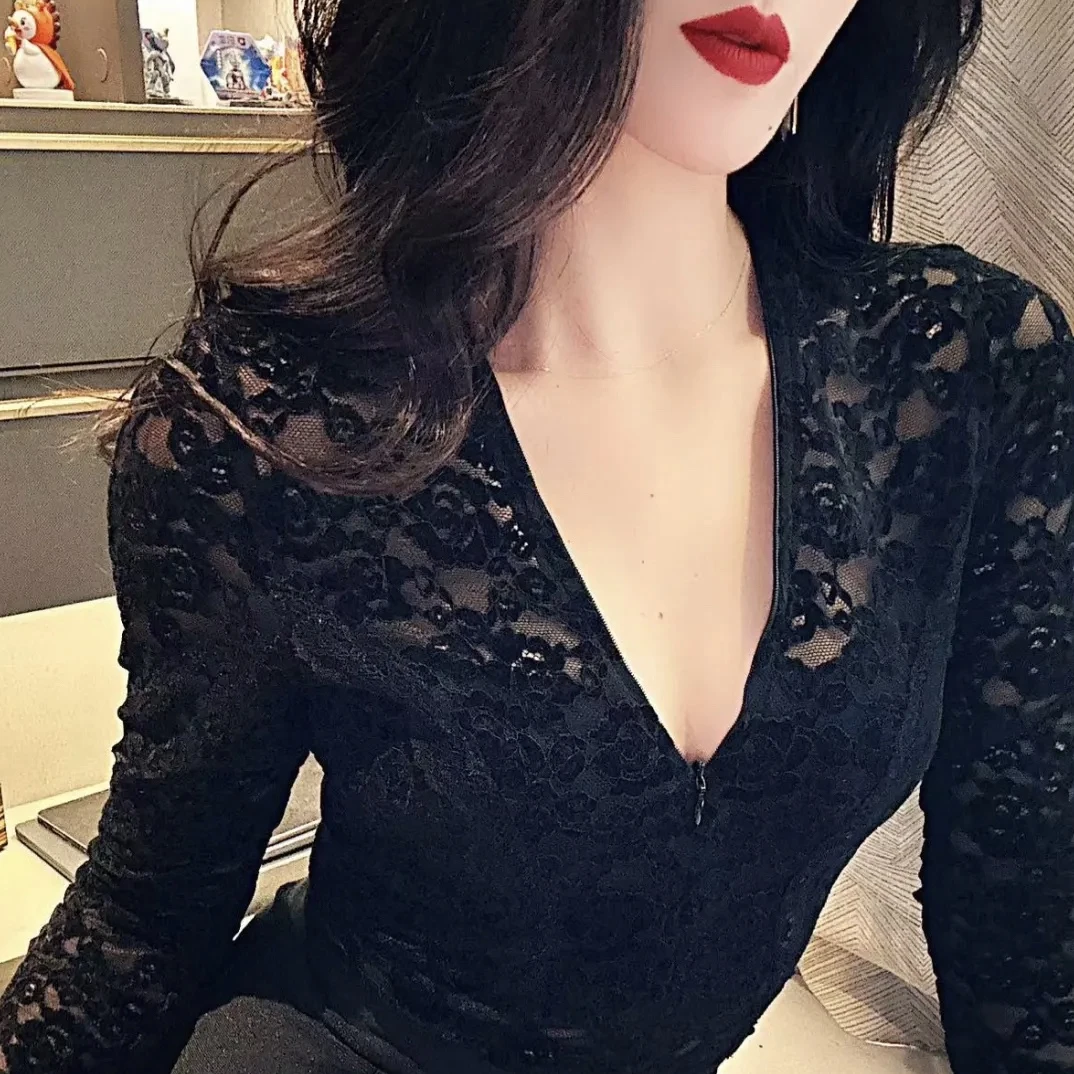 性感v领蕾丝衫女长袖2023春小衫新款韩版气质修身洋气打底衫上衣