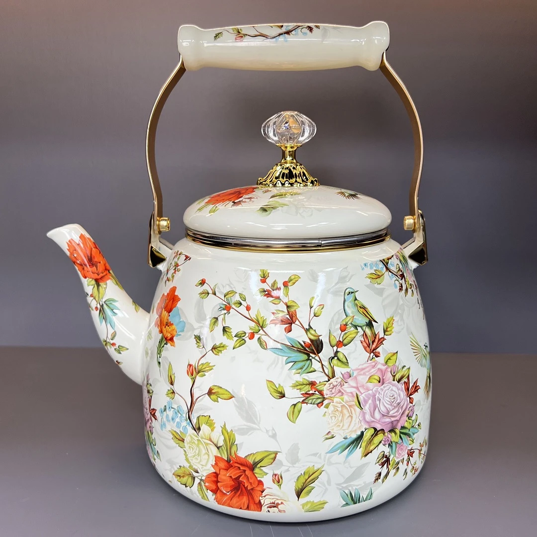 3.3L珐琅搪瓷陶瓷柄花鸟大麦壶烧水壶凉水壶带滤网煮茶壶