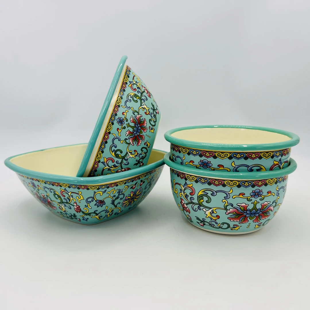 珐琅彩加厚卷边可加热搪瓷碗米饭碗家用中式小面碗汤碗【绿钩莲】