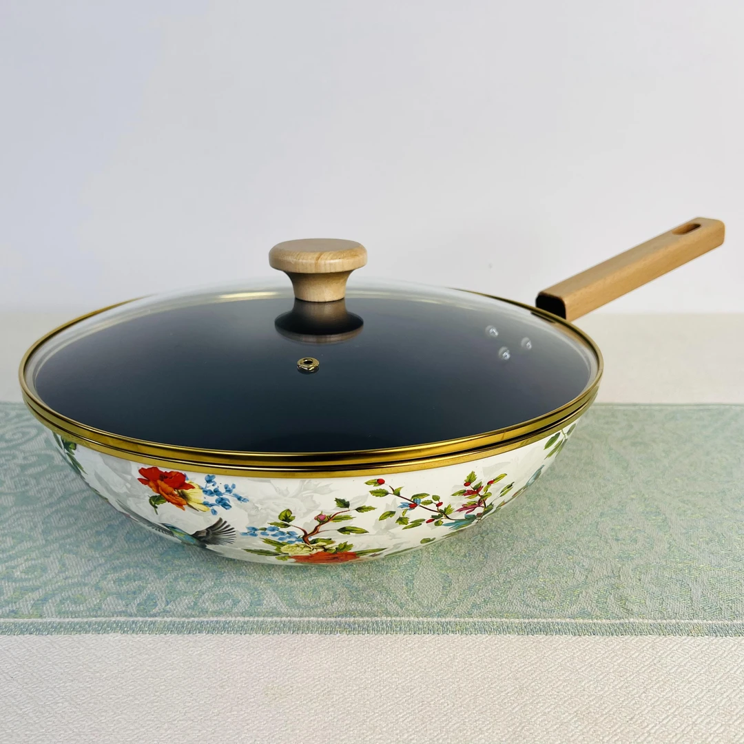 【外贸品质】32cm纳米微陶珐琅炒锅0涂层不粘锅搪瓷木柄炒锅【花鸟】