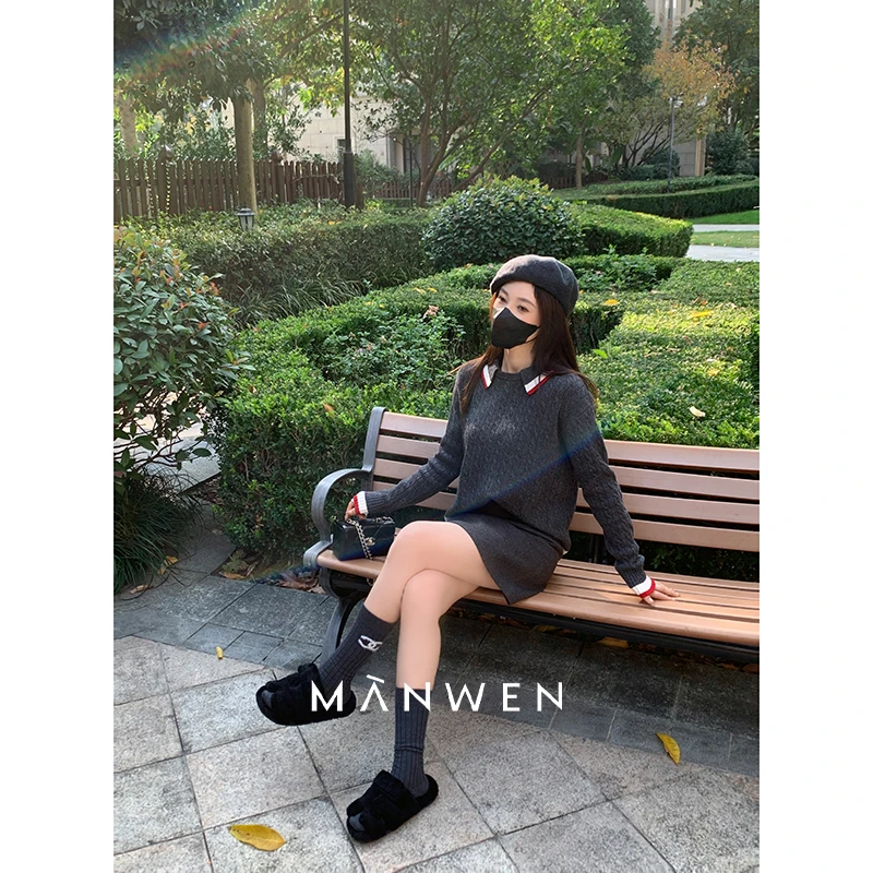 【曼文kiki】活力减龄！软糯好搭~学院风拼色翻领羊毛毛衣 MANA736